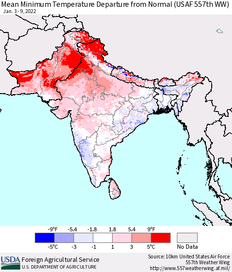 Southern Asia Minimum Temperature Departure From Normal (USAF 557th WW) Thematic Map For 1/3/2022 - 1/9/2022