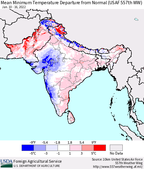Southern Asia Mean Minimum Temperature Departure from Normal (USAF 557th WW) Thematic Map For 1/10/2022 - 1/16/2022