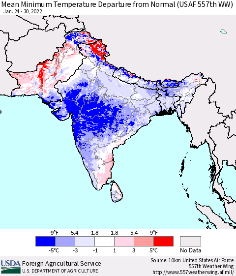 Southern Asia Mean Minimum Temperature Departure from Normal (USAF 557th WW) Thematic Map For 1/24/2022 - 1/30/2022