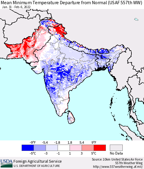 Southern Asia Mean Minimum Temperature Departure from Normal (USAF 557th WW) Thematic Map For 1/31/2022 - 2/6/2022