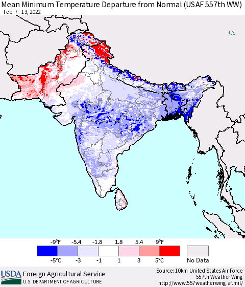 Southern Asia Mean Minimum Temperature Departure from Normal (USAF 557th WW) Thematic Map For 2/7/2022 - 2/13/2022