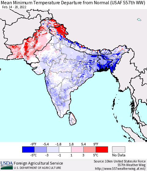 Southern Asia Mean Minimum Temperature Departure from Normal (USAF 557th WW) Thematic Map For 2/14/2022 - 2/20/2022