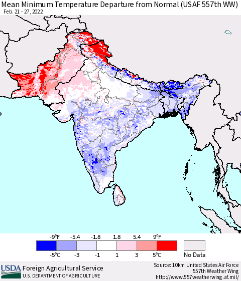 Southern Asia Mean Minimum Temperature Departure from Normal (USAF 557th WW) Thematic Map For 2/21/2022 - 2/27/2022