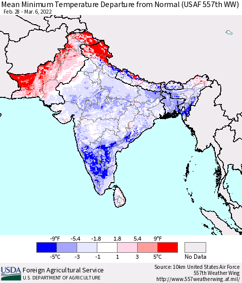 Southern Asia Mean Minimum Temperature Departure from Normal (USAF 557th WW) Thematic Map For 2/28/2022 - 3/6/2022