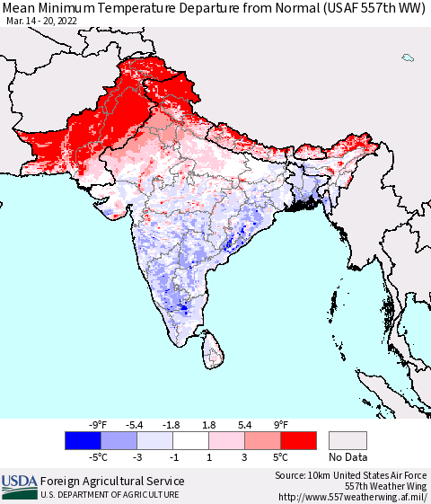 Southern Asia Mean Minimum Temperature Departure from Normal (USAF 557th WW) Thematic Map For 3/14/2022 - 3/20/2022