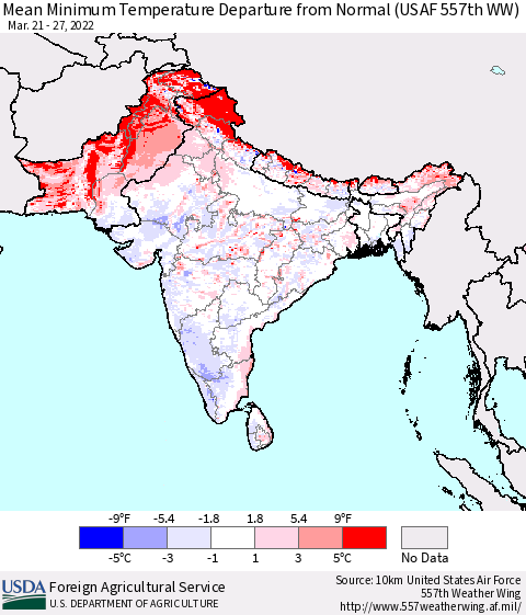 Southern Asia Mean Minimum Temperature Departure from Normal (USAF 557th WW) Thematic Map For 3/21/2022 - 3/27/2022