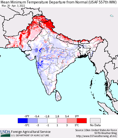 Southern Asia Mean Minimum Temperature Departure from Normal (USAF 557th WW) Thematic Map For 3/28/2022 - 4/3/2022