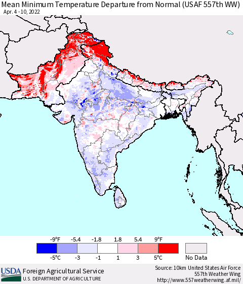 Southern Asia Mean Minimum Temperature Departure from Normal (USAF 557th WW) Thematic Map For 4/4/2022 - 4/10/2022