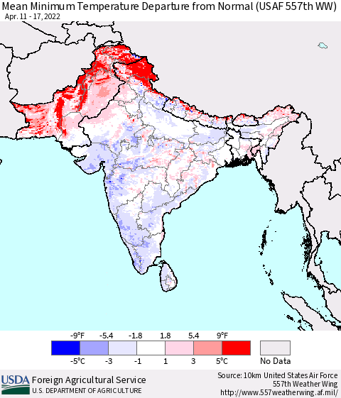 Southern Asia Mean Minimum Temperature Departure from Normal (USAF 557th WW) Thematic Map For 4/11/2022 - 4/17/2022