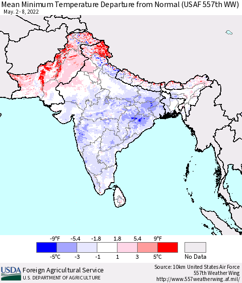 Southern Asia Mean Minimum Temperature Departure from Normal (USAF 557th WW) Thematic Map For 5/2/2022 - 5/8/2022