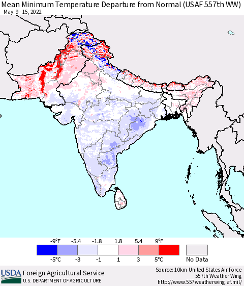 Southern Asia Minimum Temperature Departure From Normal (USAF 557th WW) Thematic Map For 5/9/2022 - 5/15/2022