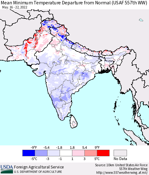 Southern Asia Mean Minimum Temperature Departure from Normal (USAF 557th WW) Thematic Map For 5/16/2022 - 5/22/2022