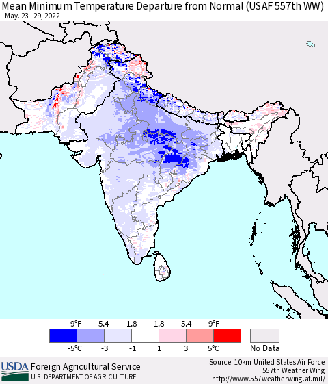 Southern Asia Minimum Temperature Departure From Normal (USAF 557th WW) Thematic Map For 5/23/2022 - 5/29/2022