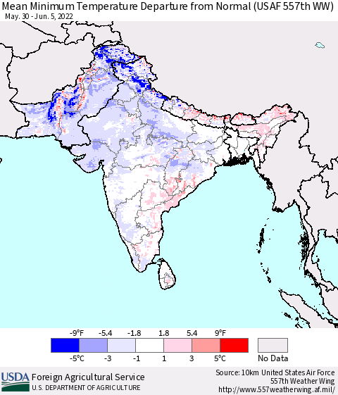 Southern Asia Mean Minimum Temperature Departure from Normal (USAF 557th WW) Thematic Map For 5/30/2022 - 6/5/2022