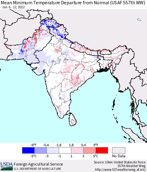 Southern Asia Mean Minimum Temperature Departure from Normal (USAF 557th WW) Thematic Map For 6/6/2022 - 6/12/2022