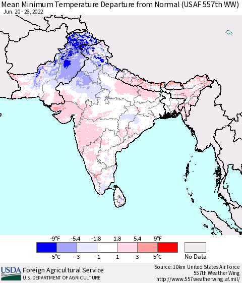 Southern Asia Mean Minimum Temperature Departure from Normal (USAF 557th WW) Thematic Map For 6/20/2022 - 6/26/2022
