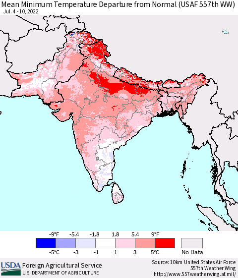 Southern Asia Minimum Temperature Departure From Normal (USAF 557th WW) Thematic Map For 7/4/2022 - 7/10/2022