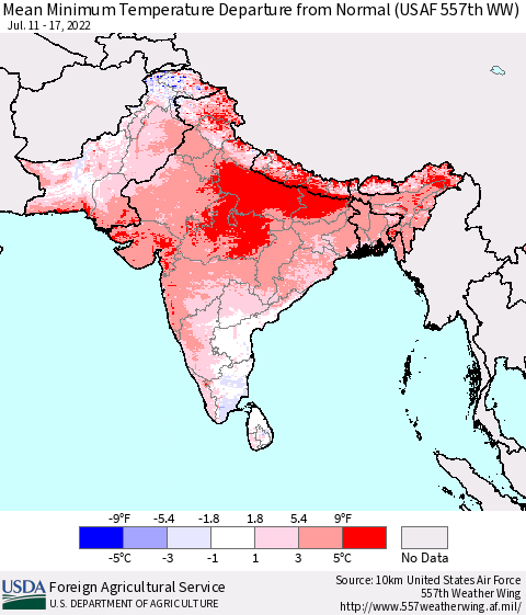 Southern Asia Mean Minimum Temperature Departure from Normal (USAF 557th WW) Thematic Map For 7/11/2022 - 7/17/2022