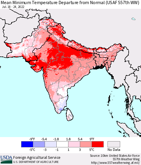 Southern Asia Minimum Temperature Departure From Normal (USAF 557th WW) Thematic Map For 7/18/2022 - 7/24/2022