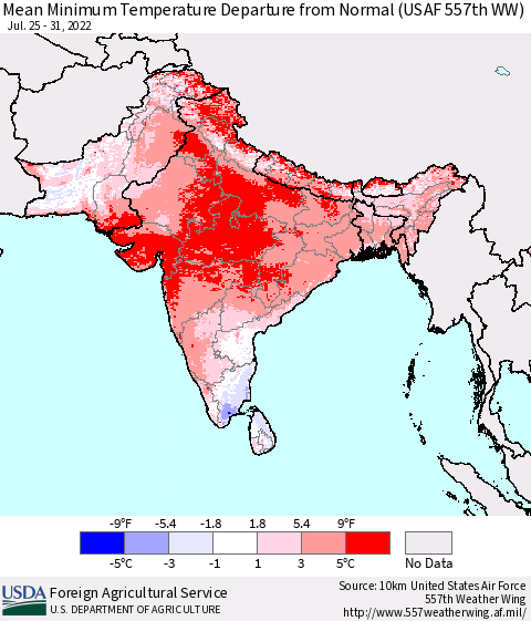 Southern Asia Minimum Temperature Departure From Normal (USAF 557th WW) Thematic Map For 7/25/2022 - 7/31/2022