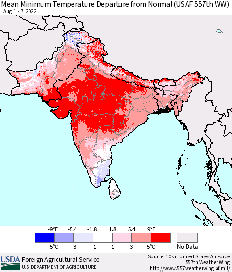 Southern Asia Mean Minimum Temperature Departure from Normal (USAF 557th WW) Thematic Map For 8/1/2022 - 8/7/2022
