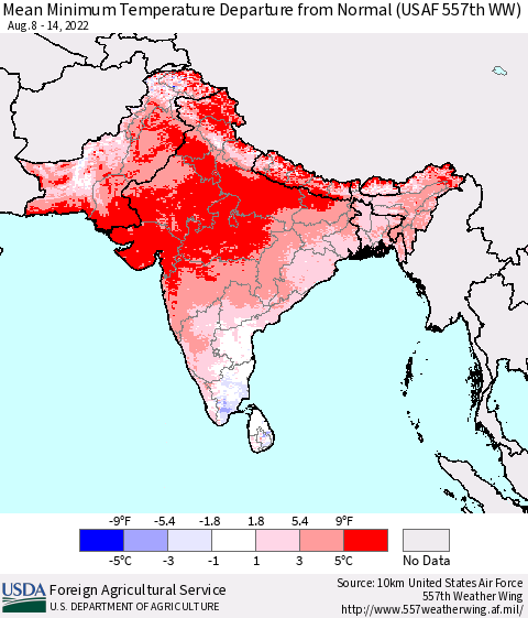 Southern Asia Mean Minimum Temperature Departure from Normal (USAF 557th WW) Thematic Map For 8/8/2022 - 8/14/2022