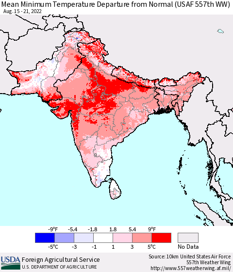 Southern Asia Mean Minimum Temperature Departure from Normal (USAF 557th WW) Thematic Map For 8/15/2022 - 8/21/2022