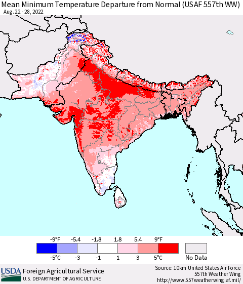 Southern Asia Mean Minimum Temperature Departure from Normal (USAF 557th WW) Thematic Map For 8/22/2022 - 8/28/2022