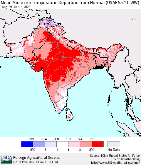 Southern Asia Mean Minimum Temperature Departure from Normal (USAF 557th WW) Thematic Map For 8/29/2022 - 9/4/2022