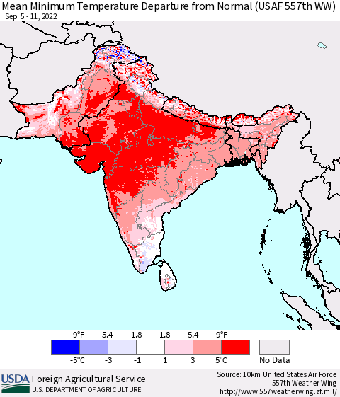Southern Asia Mean Minimum Temperature Departure from Normal (USAF 557th WW) Thematic Map For 9/5/2022 - 9/11/2022