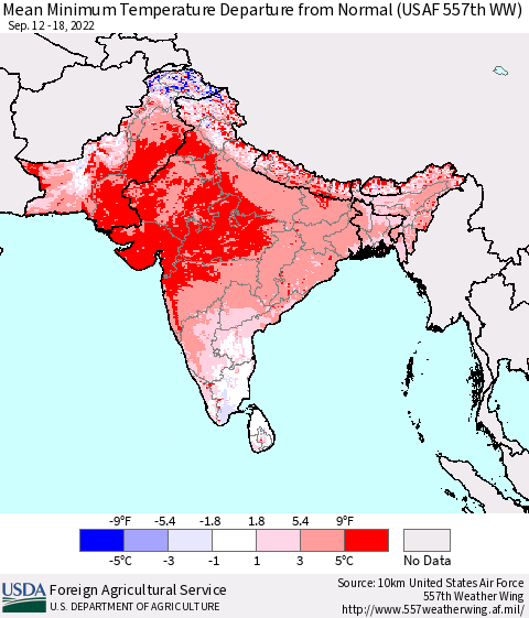 Southern Asia Mean Minimum Temperature Departure from Normal (USAF 557th WW) Thematic Map For 9/12/2022 - 9/18/2022
