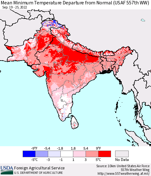 Southern Asia Mean Minimum Temperature Departure from Normal (USAF 557th WW) Thematic Map For 9/19/2022 - 9/25/2022