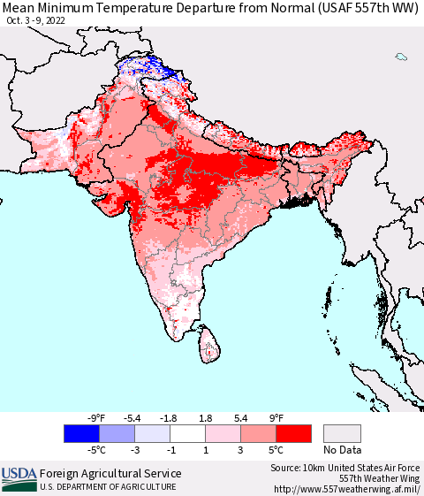 Southern Asia Mean Minimum Temperature Departure from Normal (USAF 557th WW) Thematic Map For 10/3/2022 - 10/9/2022