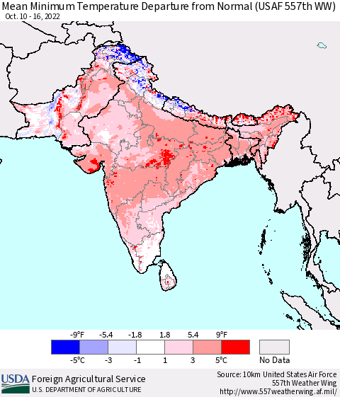 Southern Asia Mean Minimum Temperature Departure from Normal (USAF 557th WW) Thematic Map For 10/10/2022 - 10/16/2022