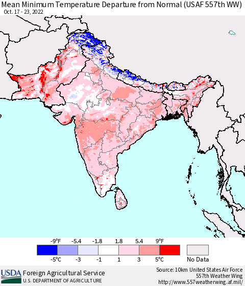 Southern Asia Mean Minimum Temperature Departure from Normal (USAF 557th WW) Thematic Map For 10/17/2022 - 10/23/2022