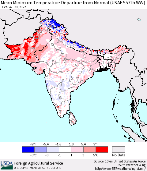 Southern Asia Mean Minimum Temperature Departure from Normal (USAF 557th WW) Thematic Map For 10/24/2022 - 10/30/2022