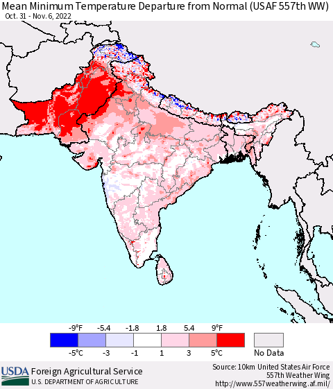 Southern Asia Mean Minimum Temperature Departure from Normal (USAF 557th WW) Thematic Map For 10/31/2022 - 11/6/2022