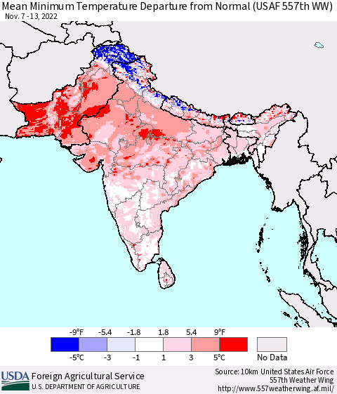 Southern Asia Mean Minimum Temperature Departure from Normal (USAF 557th WW) Thematic Map For 11/7/2022 - 11/13/2022