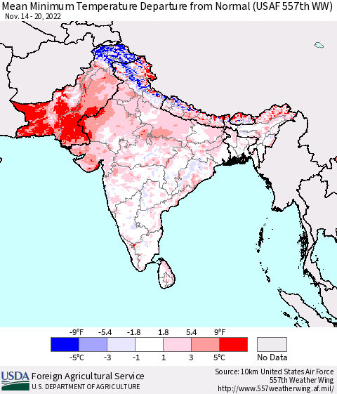 Southern Asia Mean Minimum Temperature Departure from Normal (USAF 557th WW) Thematic Map For 11/14/2022 - 11/20/2022