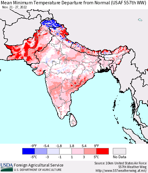 Southern Asia Mean Minimum Temperature Departure from Normal (USAF 557th WW) Thematic Map For 11/21/2022 - 11/27/2022