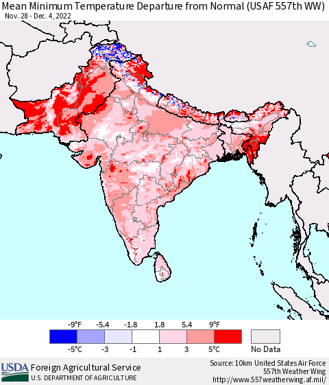 Southern Asia Mean Minimum Temperature Departure from Normal (USAF 557th WW) Thematic Map For 11/28/2022 - 12/4/2022