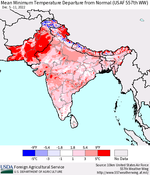 Southern Asia Mean Minimum Temperature Departure from Normal (USAF 557th WW) Thematic Map For 12/5/2022 - 12/11/2022