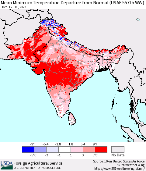 Southern Asia Mean Minimum Temperature Departure from Normal (USAF 557th WW) Thematic Map For 12/12/2022 - 12/18/2022