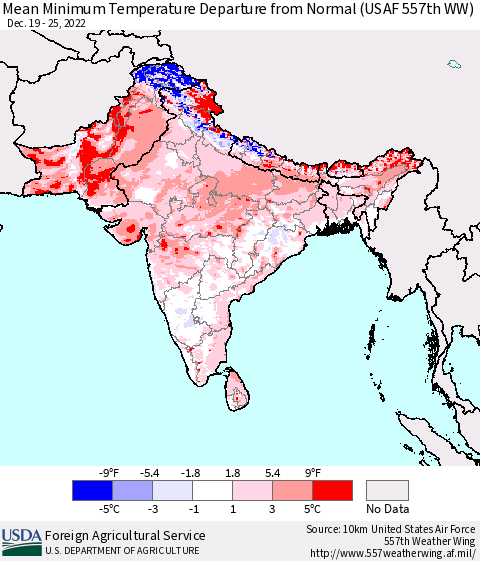 Southern Asia Mean Minimum Temperature Departure from Normal (USAF 557th WW) Thematic Map For 12/19/2022 - 12/25/2022