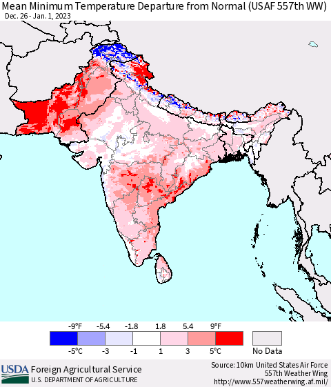 Southern Asia Mean Minimum Temperature Departure from Normal (USAF 557th WW) Thematic Map For 12/26/2022 - 1/1/2023