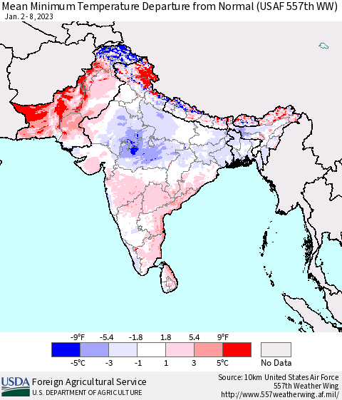 Southern Asia Mean Minimum Temperature Departure from Normal (USAF 557th WW) Thematic Map For 1/2/2023 - 1/8/2023