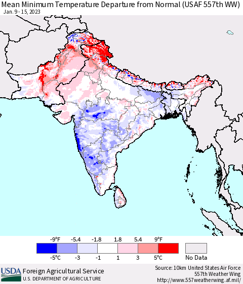 Southern Asia Mean Minimum Temperature Departure from Normal (USAF 557th WW) Thematic Map For 1/9/2023 - 1/15/2023