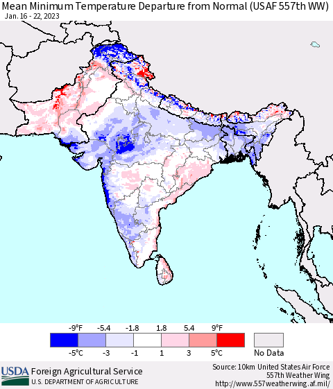Southern Asia Mean Minimum Temperature Departure from Normal (USAF 557th WW) Thematic Map For 1/16/2023 - 1/22/2023