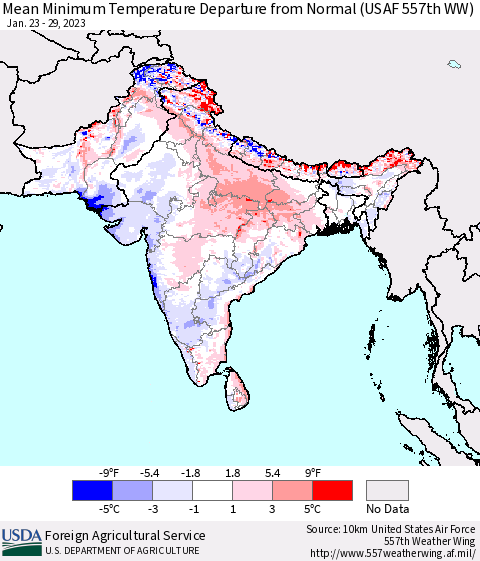 Southern Asia Mean Minimum Temperature Departure from Normal (USAF 557th WW) Thematic Map For 1/23/2023 - 1/29/2023