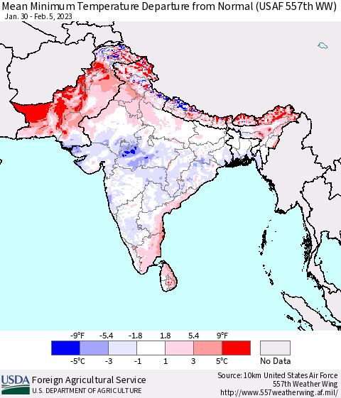 Southern Asia Mean Minimum Temperature Departure from Normal (USAF 557th WW) Thematic Map For 1/30/2023 - 2/5/2023